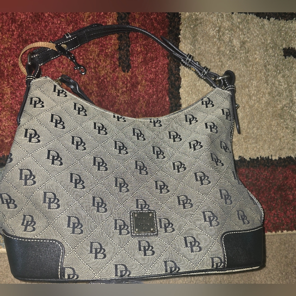 Dooney & Bourke Erica Gray Canvas Black Leather DB Printed Hobo Shoulder Bag - Picture 3 of 14